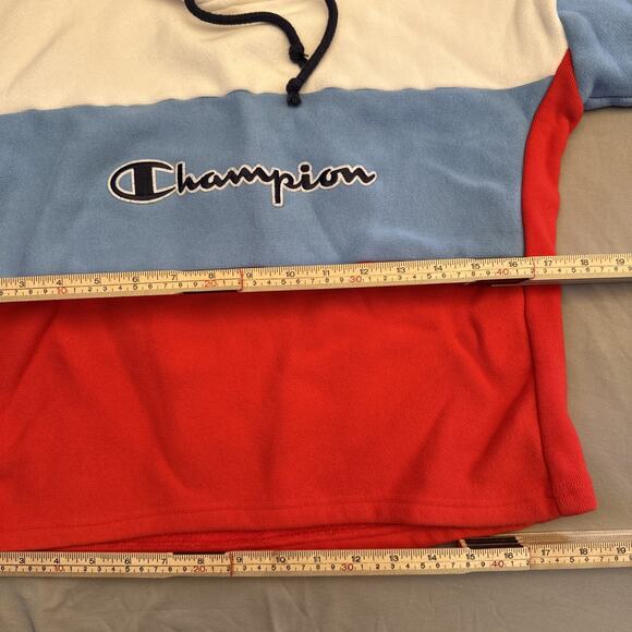 Champion Sweater Womens Medium Blue Red Reverse Weave Hooded Retro Split Sleeves - Picture 10 of 13